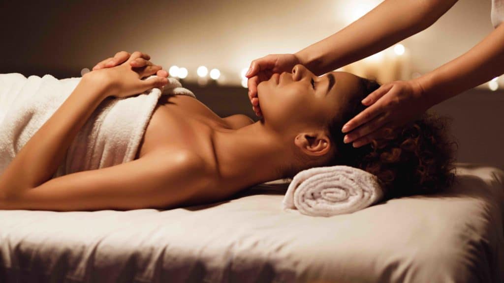 Face,Massage.,African-american,Woman,Getting,Spa,Treatment,,Side,View